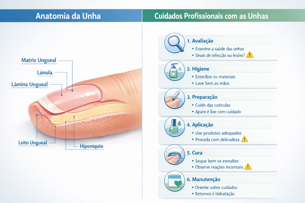Diagrama de anatomia da unha (matriz, lúnula, lâmina, hiponíquio) e checklist de 6 passos para cuidados profissionais alinhados ao protocolo de Manicure de Saúde e Nail Wellness