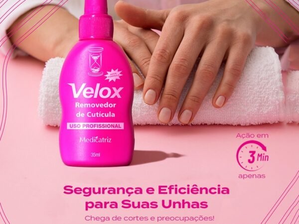 Frasco de Velox Removedor de Cutícula Medicatriz 35ml para uso profissional. Acessório essencial de biossegurança para a remoção de cutículas de forma segura e eficiente, sem cortes.