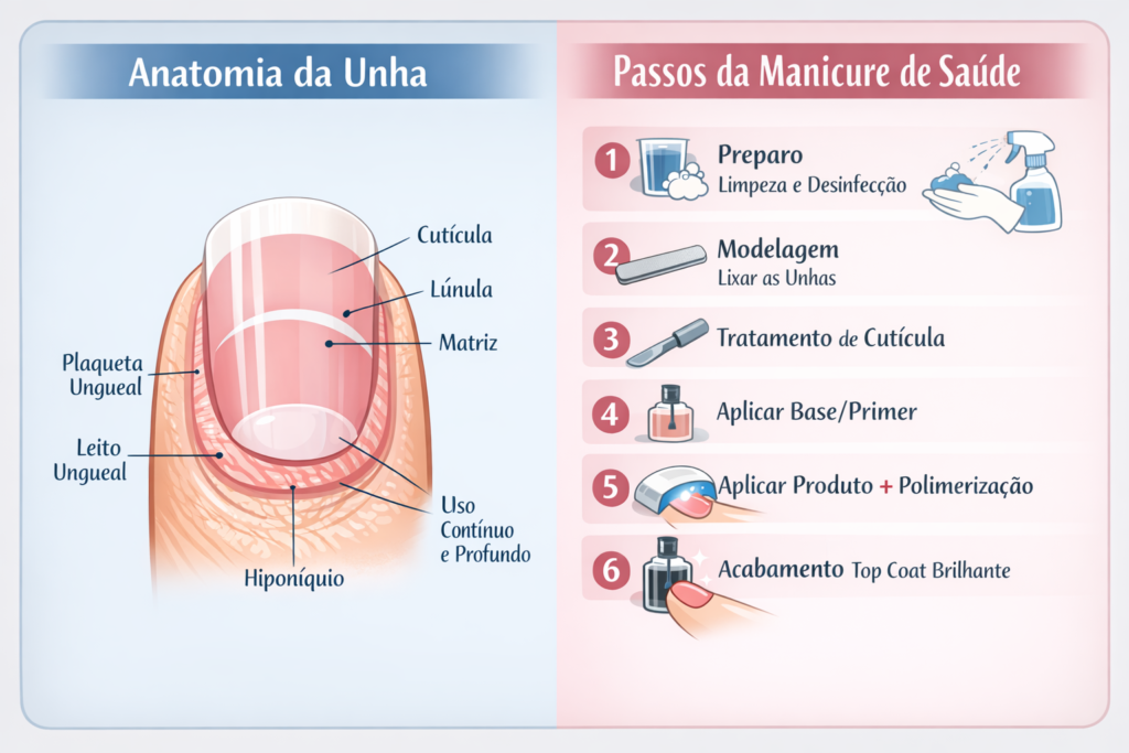 Infográfico The Nails Diagrama de Anatomia da Unha (cutícula, lúnula, hiponíquio) e 6 Passos da Manicure de Saúde (preparo, modelagem, tratamento, base, polimerização, acabamento). Acessórios e biossegurança visualizados.