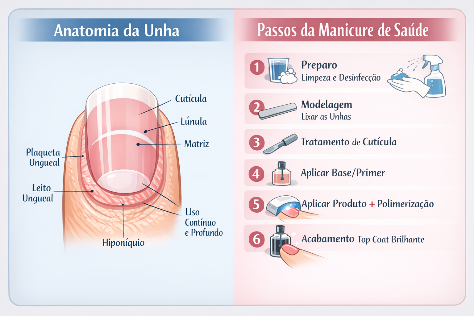 Infográfico The Nails Diagrama de Anatomia da Unha (cutícula, lúnula, hiponíquio) e 6 Passos da Manicure de Saúde (preparo, modelagem, tratamento, base, polimerização, acabamento). Acessórios e biossegurança visualizados.