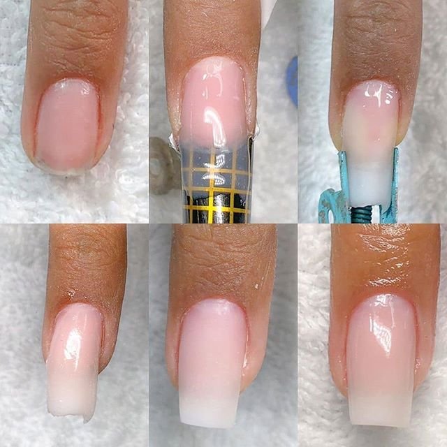 Passo a passo em 6 etapas de alongamento de unhas em gel moldado usando molde transparente para acabamento natural
