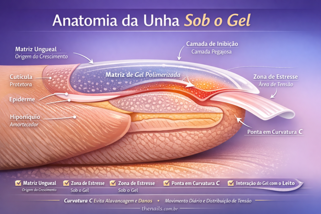  infográfico Anatomia da unha sob o gel (zona de estresse e hiponíquio)