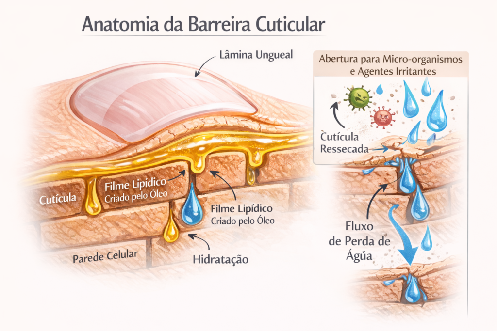 Ilustração mostrando a lâmina ungueal, a cutícula selando a matriz, o filme lipídico criado pelo óleo e a proteção contra agentes externos, destacando o fluxo de perda de água quando a cutícula está ressecada.