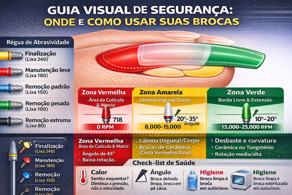 Infográfico educativo sobre funções das brocas de unha cerâmica e diamantada para nail designers